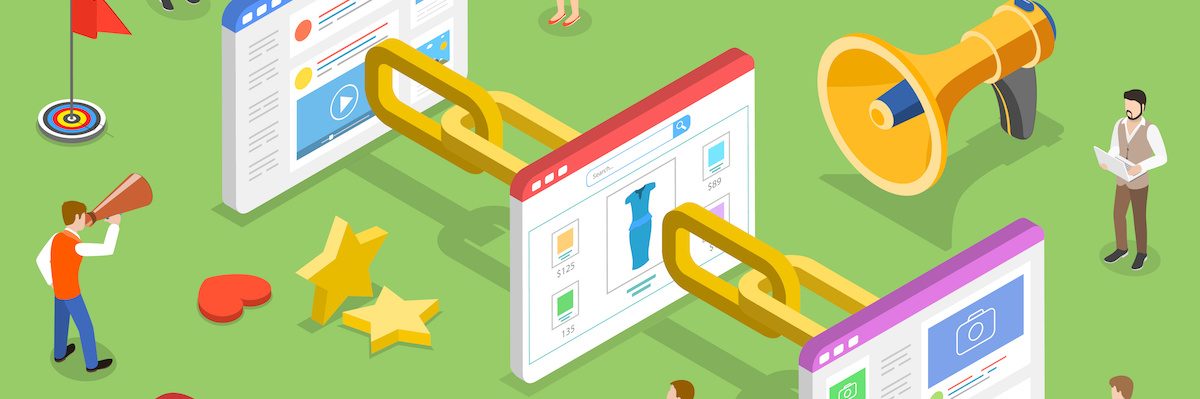 Isometric flat vector concept of backlink strategy, SEO link building, digital marketing campaign.