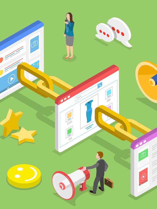 Isometric flat vector concept of backlink strategy, SEO link building, digital marketing campaign.