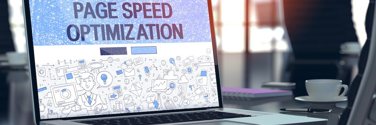 Page Speed Optimization on Laptop in Modern Workplace Background.